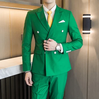 10 Цветни комплекти от 2 теми, Мъжки костюми (сако + Панталон Сватбена Сценична облекло Двубортный Официален костюм Homme 6XL-M