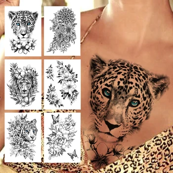 3D Тигър Цвете Временна Татуировка За Жени, Момичета Реалистични Фалшиви Лъв Божур Rose Татуировки Стикери Черна Пеперуда Голяма Татуировка на Гърдите