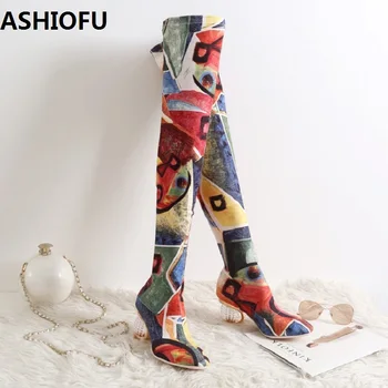 ASHIOFU/Нови Пикантен дамски ботуши до бедрото, от налита на бой на кожата за парти и Бала, ботуши над коляното на нетрадиционни обувки, модни вечерни Ботуши