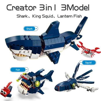 DECOOL 3в1 Креативна Серия Морски Животни на Акула Строителни Блокове Калмари Голяма Бяла Акула Тухли Играчки За Деца Момче на децата Подаръци