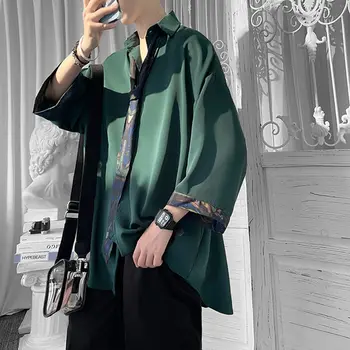 EOENKKY/Мъжки Обикновена Риза с къс Ръкав, Летни Ежедневни Блузи Оверсайз Тъмно зелен Цвят, Модерен Мъжки Жилетка, Реколта Корейски Дрехи