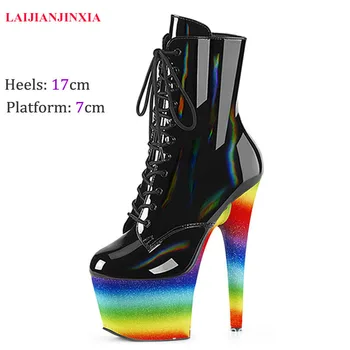 LAIJIANJINXIA/Нови дамски обувки на много висок ток, 17 см на висок ток, водоустойчив модни ботильоны на платформата с кръгло бомбе, танцови обувки