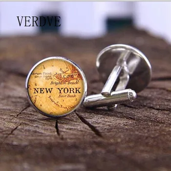 VERDVE Нова Мода Карта на Ню Йорк, копчета за Ръкавели за Мъже Стъклени Куполни копчета за Ръкавели Аксесоари Бижута