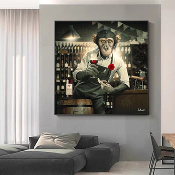 Абстрактна Маймуна, Пиенето на Вино, и едно Куче, която Свири На Пиано, Плакати и Щампи, рисунки върху Платно, Стенни Художествени Картини за вашия интериор Дневна