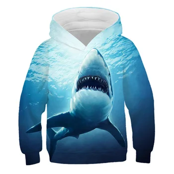 Блузи с 3D Изображение на Животни, За Момчета и Момичета, Дълбоководен Акула, Принт Риба, От 4 до 13 години, Детски Модни Блузи с качулка, Всекидневни Пуловер За тийнейджъри, Дрехи