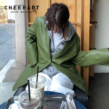 Дълго Палто CHEERART, Зелени Блейзери, Изкуствена Кожа, Якето на Жената е Небето-Синьо Корейското Палто, Есен 2021, Дамски Модни Дрехи