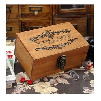 Дървена ковчег за съхранение на Zakka Реколта ковчег с ключалка Настолна ковчег за съхранение довършителни операции ковчег за бижута Muhe