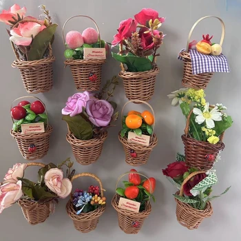Имитация на цветя, кошници, кошница с плодове триизмерни творчески магнити за хладилник, украсени с изкуствени цветя
