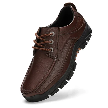 Мъжка Кожена ежедневни обувки, маратонки на платформа с шнур, Мъжки обувки за пътуване, Туризъм обувки, мъжки бизнес обувки в британския стил, Голям Размер 48