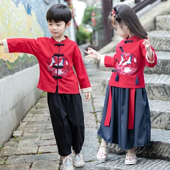 Нова Година Традиционен Китайски Пролетен Фестивал на 2 бр. Костюм Тан Ханьфу Детски Дрехи За Момчета И Момичета Зимата Червено 2022 Памук Кожа