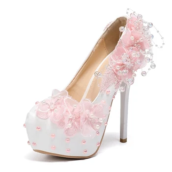Пролетни Нови обувки за Сватбени партита, Красиви Дантелени Обувки с Цветя и Перли, Дамски Обувки-лодка на Платформата Голям Размер на Тънък Висок Ток-висок ток, D0004