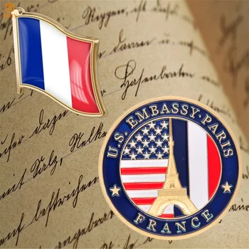 Франция Парижката Кула на Държавния Департамент на Посолството на САЩ Повикване на Символичен Монета Френски Емайла Флаг Брошка Икона на Жени Набор Подарък